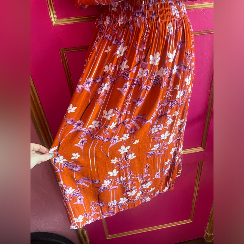 Rare Corey Lynn Calter orange & purple flower Clementine dress with velvet tie - Picture 6 of 10